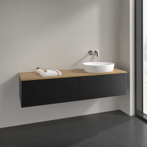Bild von VILLEROY BOCH Antao Waschbeckenunterschrank, mit Beleuchtung, 2 Auszüge, 1600 x 360 x 500 mm, Front ohne Struktur, Black Matt Lacquer / Honey Oak #L38011PD