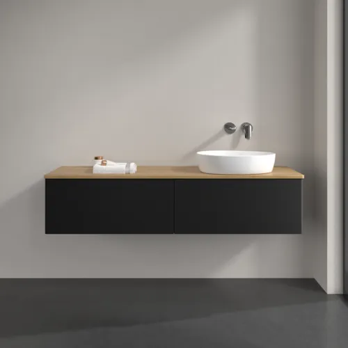 Bild von VILLEROY BOCH Antao Waschbeckenunterschrank, mit Beleuchtung, 2 Auszüge, 1600 x 360 x 500 mm, Front ohne Struktur, Black Matt Lacquer / Honey Oak #L38011PD
