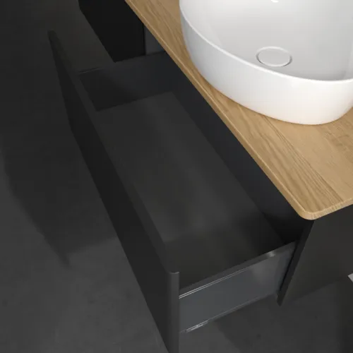 Bild von VILLEROY BOCH Antao Waschbeckenunterschrank, mit Beleuchtung, 2 Auszüge, 1600 x 360 x 500 mm, Front ohne Struktur, Black Matt Lacquer / Honey Oak #L38011PD