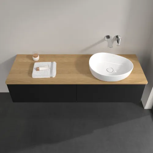 Bild von VILLEROY BOCH Antao Waschbeckenunterschrank, mit Beleuchtung, 2 Auszüge, 1600 x 360 x 500 mm, Front ohne Struktur, Black Matt Lacquer / Honey Oak #L38011PD