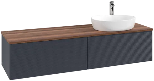 Зображення з  VILLEROY BOCH Antao Vanity unit, with lighting, 2 pull-out compartments, 1600 x 360 x 500 mm, Front with grain texture, Midnight Blue Matt Lacquer / Warm Walnut #L38152HG