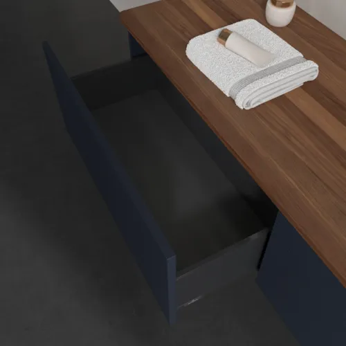Bild von VILLEROY BOCH Antao Waschbeckenunterschrank, mit Beleuchtung, 2 Auszüge, 1600 x 360 x 500 mm, Front mit Struktur, Midnight Blue Matt Lacquer / Warm Walnut #L38152HG