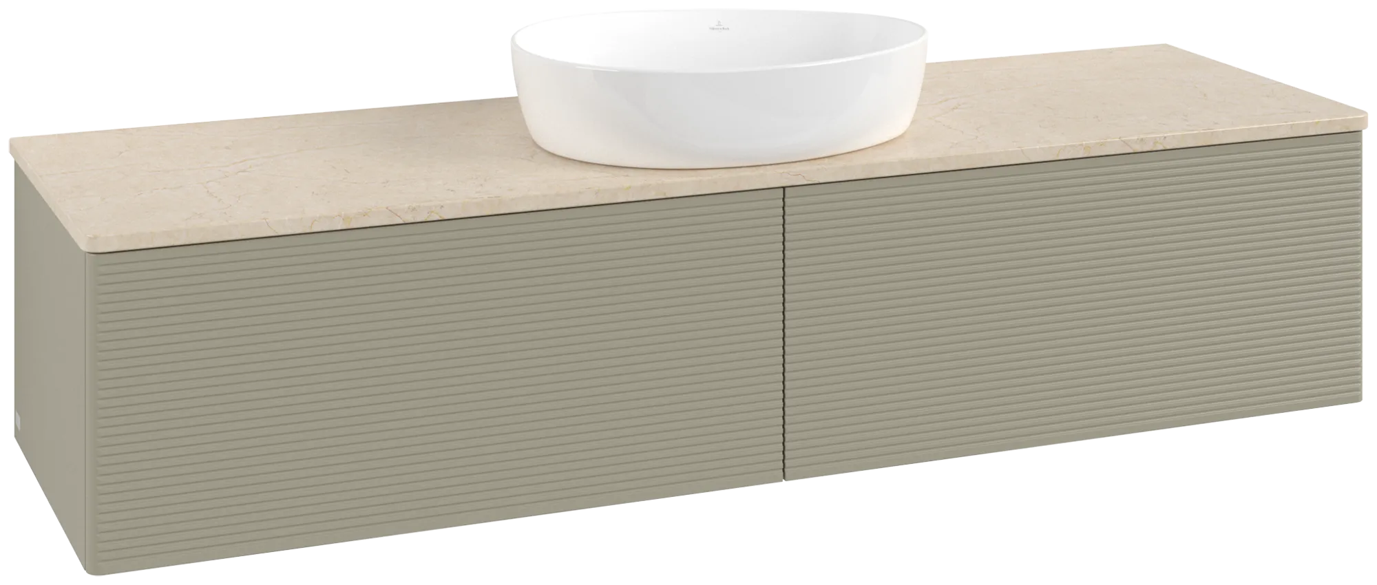 Зображення з  VILLEROY BOCH Antao Vanity unit, with lighting, 2 pull-out compartments, 1600 x 360 x 500 mm, Front with grain texture, Stone Grey Matt Lacquer / Botticino #L36113HK
