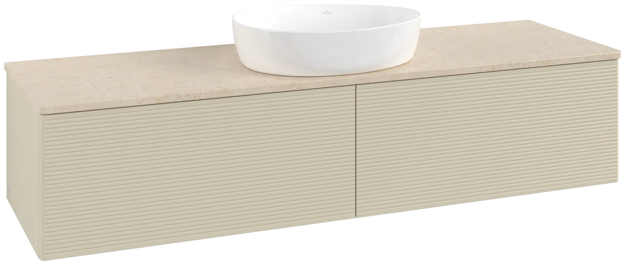 Зображення з  VILLEROY BOCH Antao Vanity unit, with lighting, 2 pull-out compartments, 1600 x 360 x 500 mm, Front with grain texture, Silk Grey Matt Lacquer / Botticino #L36113HJ