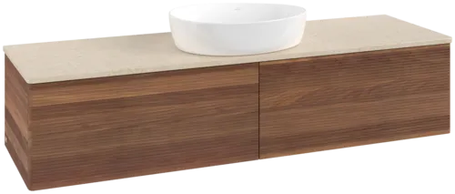 Зображення з  VILLEROY BOCH Antao Vanity unit, with lighting, 2 pull-out compartments, 1600 x 360 x 500 mm, Front with grain texture, Warm Walnut / Botticino #L36113HM