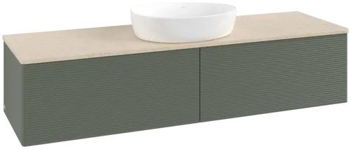 Зображення з  VILLEROY BOCH Antao Vanity unit, with lighting, 2 pull-out compartments, 1600 x 360 x 500 mm, Front with grain texture, Leaf Green Matt Lacquer / Botticino #L36113HL