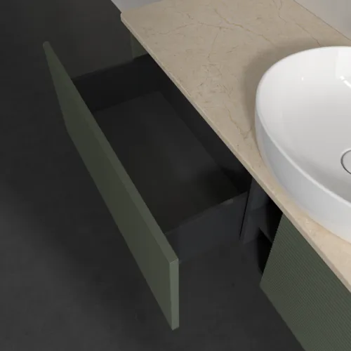 Bild von VILLEROY BOCH Antao Waschbeckenunterschrank, mit Beleuchtung, 2 Auszüge, 1600 x 360 x 500 mm, Front mit Struktur, Leaf Green Matt Lacquer / Botticino #L36113HL