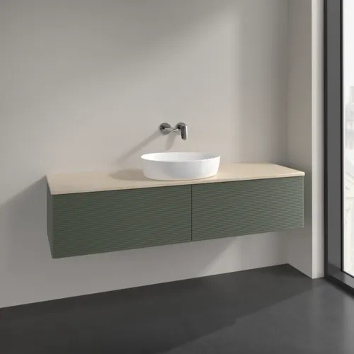 Bild von VILLEROY BOCH Antao Waschbeckenunterschrank, mit Beleuchtung, 2 Auszüge, 1600 x 360 x 500 mm, Front mit Struktur, Leaf Green Matt Lacquer / Botticino #L36113HL