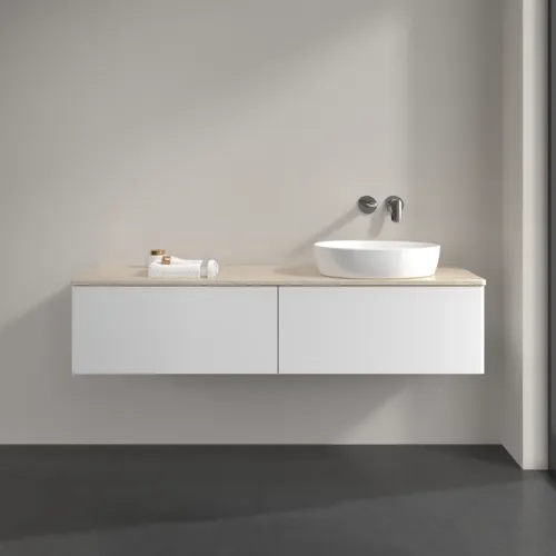 Bild von VILLEROY BOCH Antao Waschbeckenunterschrank, mit Beleuchtung, 2 Auszüge, 1600 x 360 x 500 mm, Front ohne Struktur, White Matt Lacquer / Botticino #L38013MT