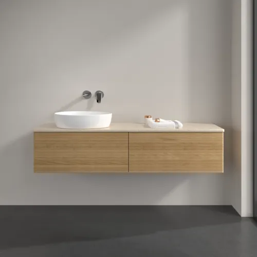 Bild von VILLEROY BOCH Antao Waschbeckenunterschrank, mit Beleuchtung, 2 Auszüge, 1600 x 360 x 500 mm, Front mit Struktur, Honey Oak / Botticino #L37113HN