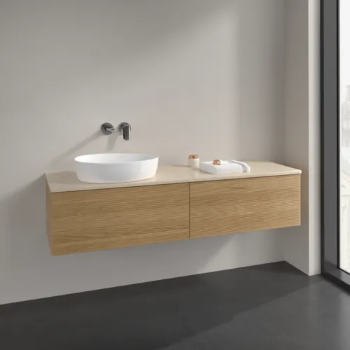 Bild von VILLEROY BOCH Antao Waschbeckenunterschrank, mit Beleuchtung, 2 Auszüge, 1600 x 360 x 500 mm, Front mit Struktur, Honey Oak / Botticino #L37113HN