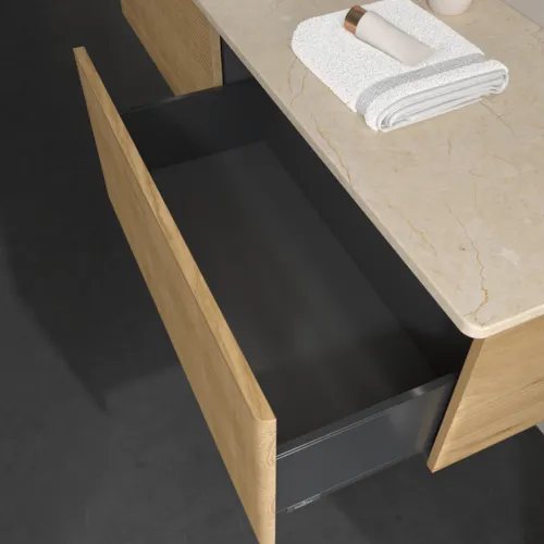 Bild von VILLEROY BOCH Antao Waschbeckenunterschrank, mit Beleuchtung, 2 Auszüge, 1600 x 360 x 500 mm, Front mit Struktur, Honey Oak / Botticino #L37113HN