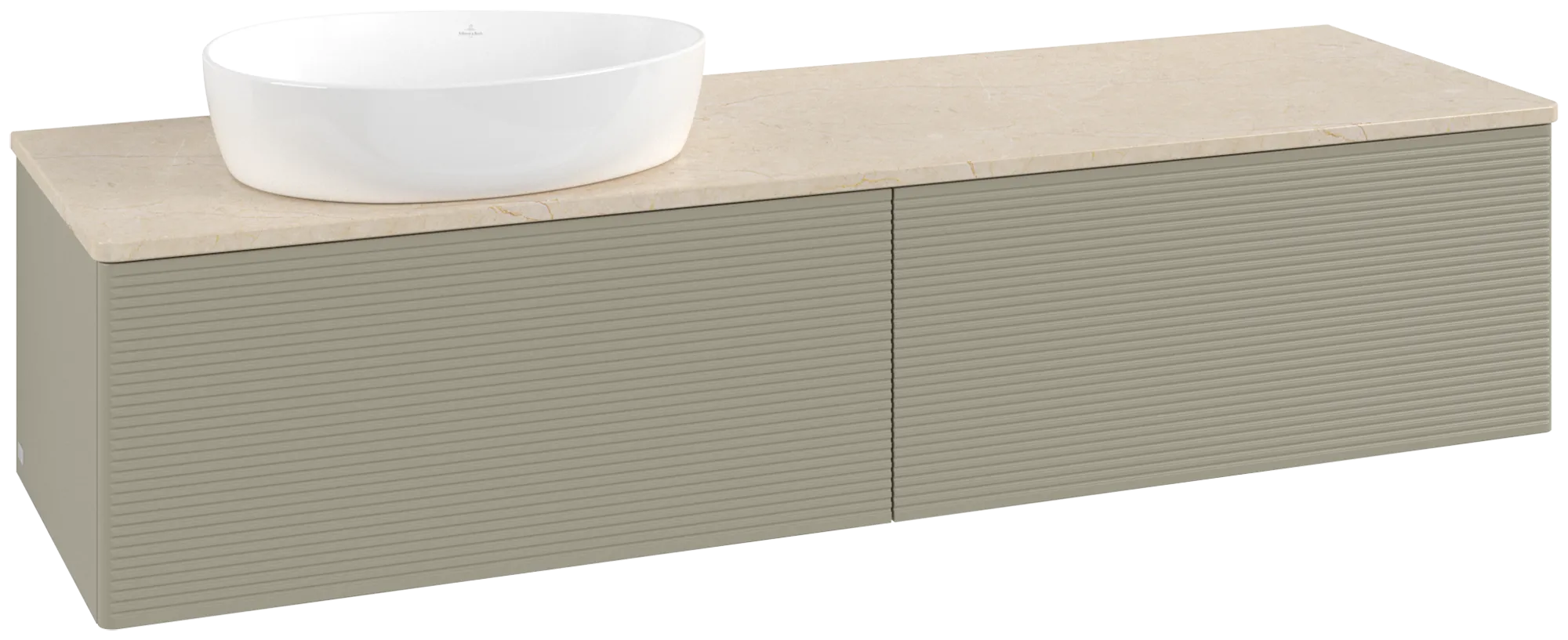 Зображення з  VILLEROY BOCH Antao Vanity unit, with lighting, 2 pull-out compartments, 1600 x 360 x 500 mm, Front with grain texture, Stone Grey Matt Lacquer / Botticino #L37113HK