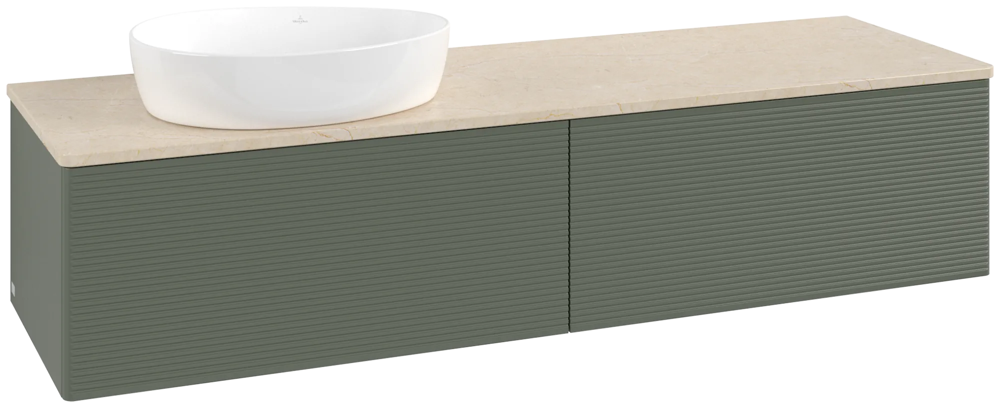 Зображення з  VILLEROY BOCH Antao Vanity unit, with lighting, 2 pull-out compartments, 1600 x 360 x 500 mm, Front with grain texture, Leaf Green Matt Lacquer / Botticino #L37113HL