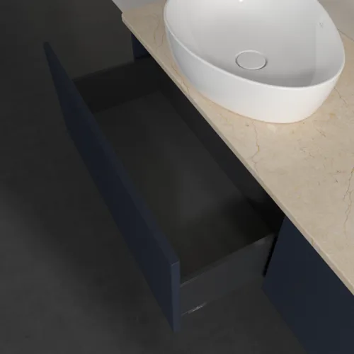 Bild von VILLEROY BOCH Antao Waschbeckenunterschrank, mit Beleuchtung, 2 Auszüge, 1600 x 360 x 500 mm, Front mit Struktur, Midnight Blue Matt Lacquer / Botticino #L37113HG