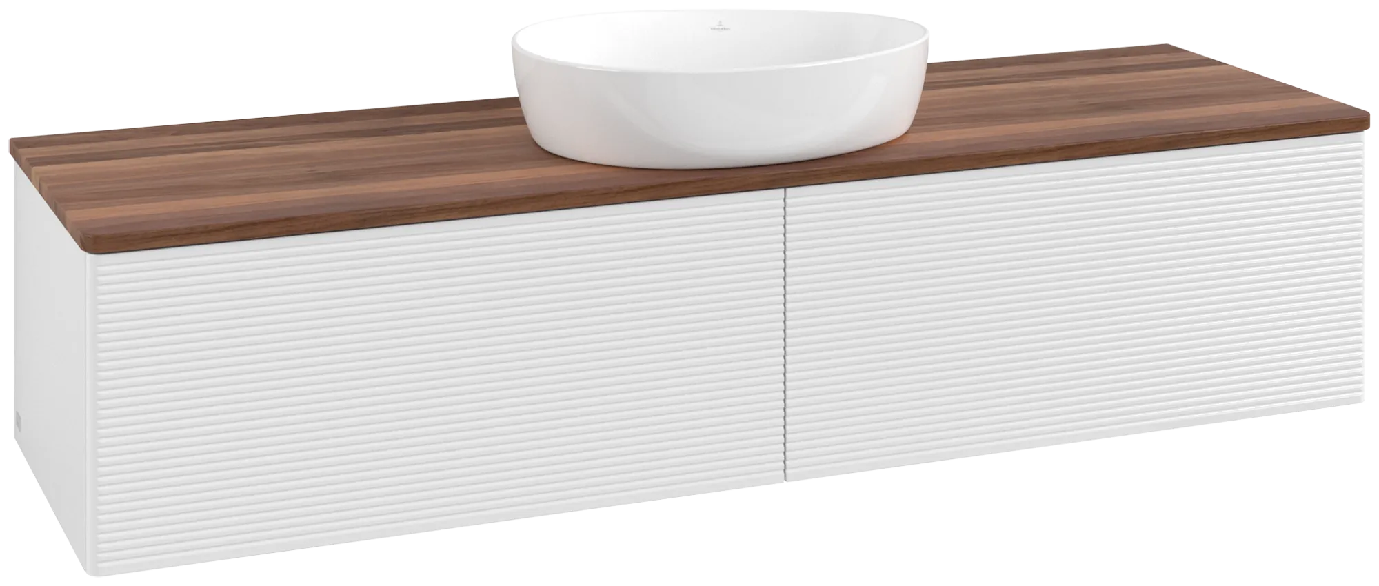 Зображення з  VILLEROY BOCH Antao Vanity unit, with lighting, 2 pull-out compartments, 1600 x 360 x 500 mm, Front with grain texture, Glossy White Lacquer / Warm Walnut #L36112GF