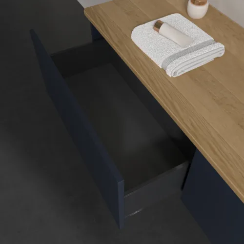Bild von VILLEROY BOCH Antao Waschbeckenunterschrank, mit Beleuchtung, 2 Auszüge, 1600 x 360 x 500 mm, Front ohne Struktur, Midnight Blue Matt Lacquer / Honey Oak #L38011HG