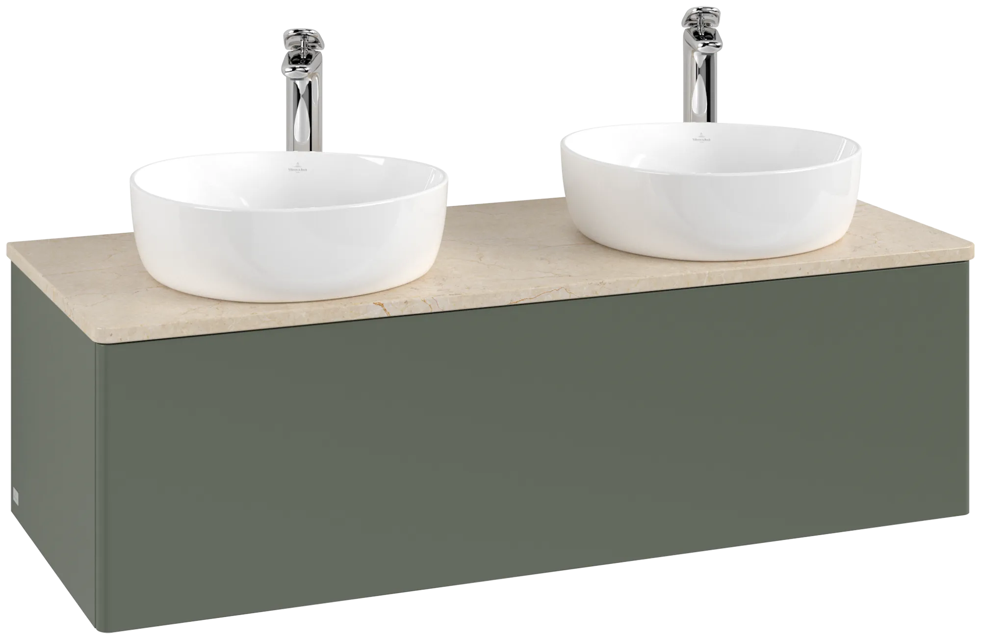 Зображення з  VILLEROY BOCH Antao Vanity unit, with lighting, 1 pull-out compartment, 1200 x 360 x 500 mm, Front without structure, Leaf Green Matt Lacquer / Botticino #L35053HL