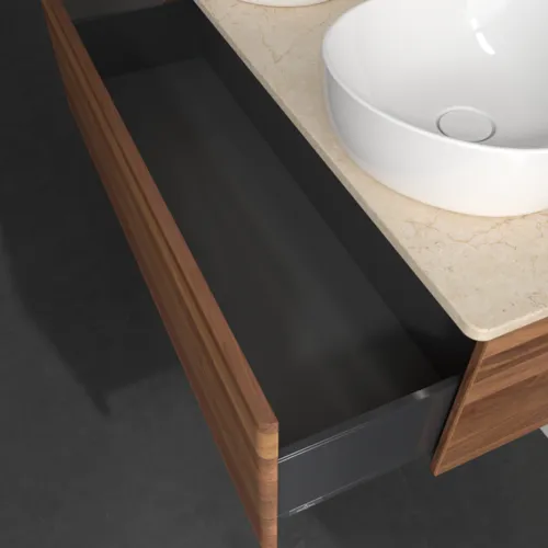 Bild von VILLEROY BOCH Antao Waschbeckenunterschrank, mit Beleuchtung, 1 Auszug, 1200 x 360 x 500 mm, Front ohne Struktur, Warm Walnut / Botticino #L35053HM