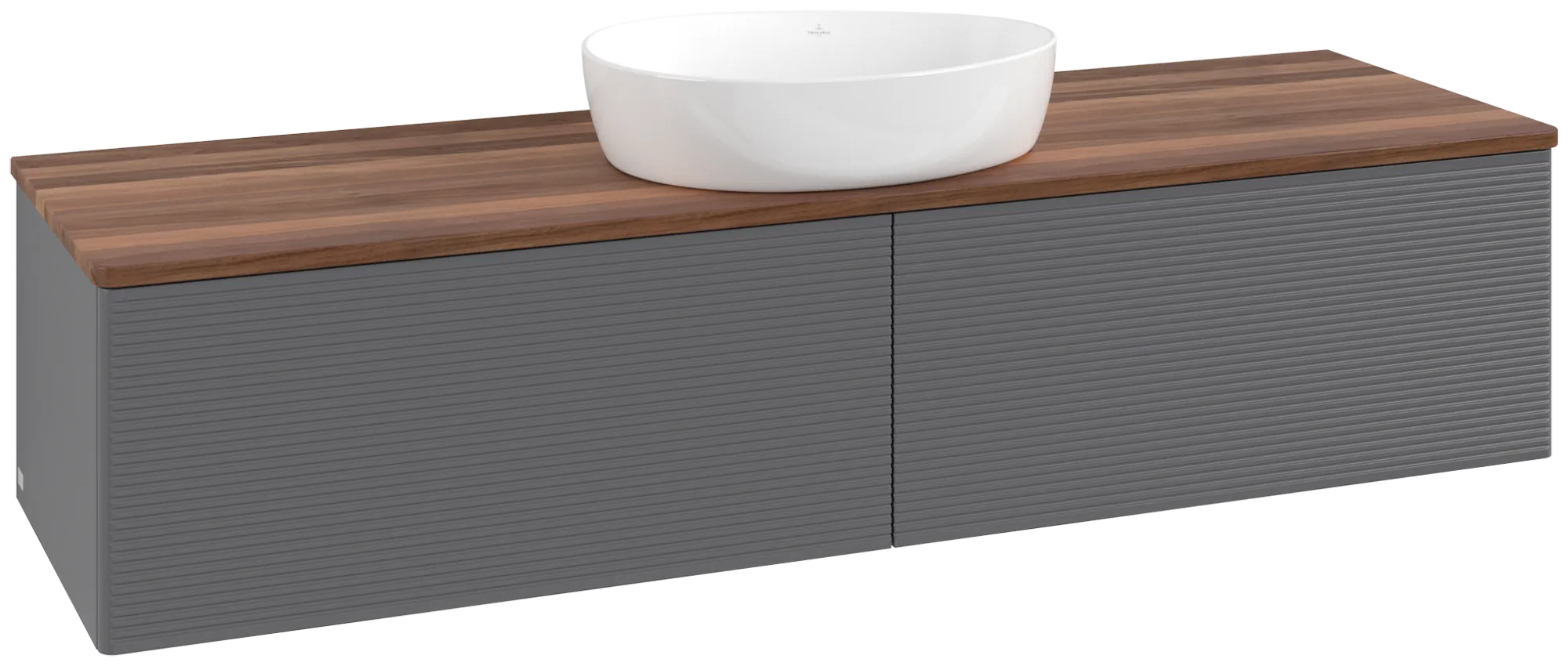 Зображення з  VILLEROY BOCH Antao Vanity unit, with lighting, 2 pull-out compartments, 1600 x 360 x 500 mm, Front with grain texture, Anthracite Matt Lacquer / Warm Walnut #L36112GK