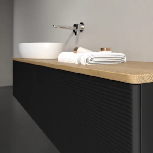 Obrázek VILLEROY BOCH Antao Vanity unit, with lighting, 2 pull-out compartments, 1600 x 360 x 500 mm, Front with grain texture, Black Matt Lacquer / Honey Oak #L37111PD