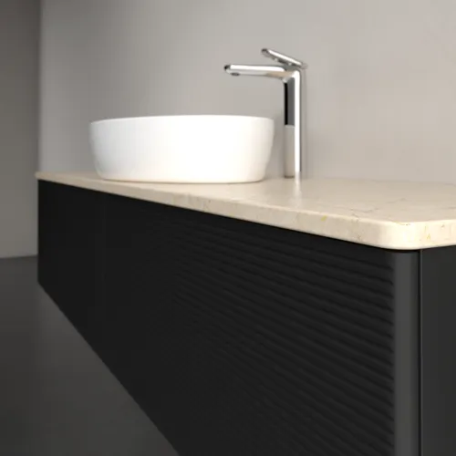 Bild von VILLEROY BOCH Antao Waschbeckenunterschrank, mit Beleuchtung, 2 Auszüge, 1600 x 360 x 500 mm, Front mit Struktur, Black Matt Lacquer / Botticino #L36153PD