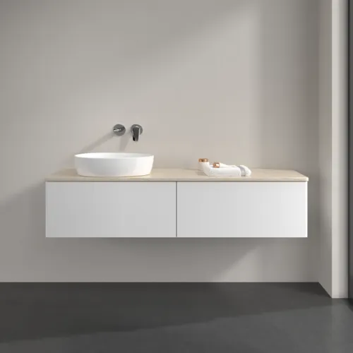 Bild von VILLEROY BOCH Antao Waschbeckenunterschrank, mit Beleuchtung, 2 Auszüge, 1600 x 360 x 500 mm, Front ohne Struktur, White Matt Lacquer / Botticino #L37013MT