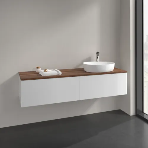 Bild von VILLEROY BOCH Antao Waschbeckenunterschrank, mit Beleuchtung, 2 Auszüge, 1600 x 360 x 500 mm, Front ohne Struktur, Glossy White Lacquer / Warm Walnut #L38052GF