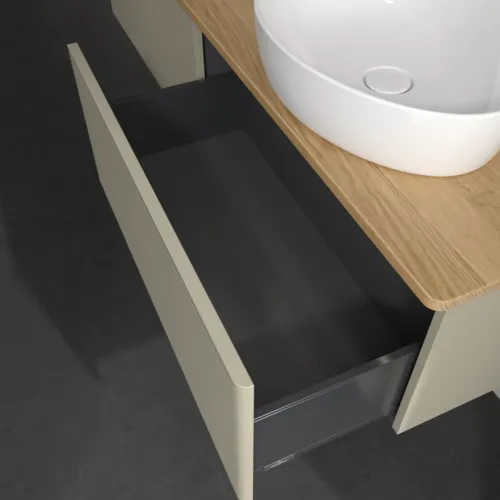 Bild von VILLEROY BOCH Antao Waschbeckenunterschrank, mit Beleuchtung, 2 Auszüge, 1600 x 360 x 500 mm, Front mit Struktur, Stone Grey Matt Lacquer / Honey Oak #L38151HK