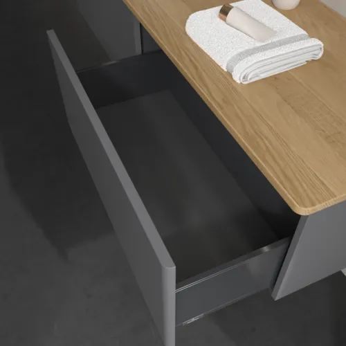 Bild von VILLEROY BOCH Antao Waschbeckenunterschrank, mit Beleuchtung, 2 Auszüge, 1600 x 360 x 500 mm, Front ohne Struktur, Anthracite Matt Lacquer / Honey Oak #L37011GK