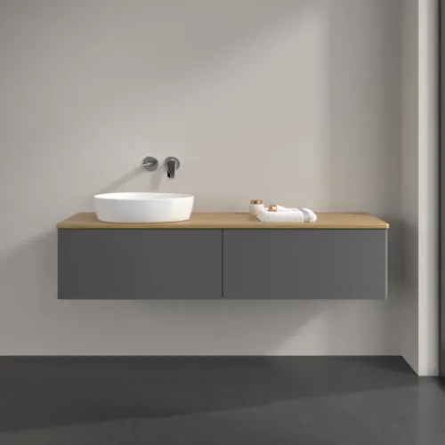 Bild von VILLEROY BOCH Antao Waschbeckenunterschrank, mit Beleuchtung, 2 Auszüge, 1600 x 360 x 500 mm, Front ohne Struktur, Anthracite Matt Lacquer / Honey Oak #L37011GK