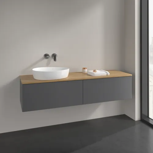 Bild von VILLEROY BOCH Antao Waschbeckenunterschrank, mit Beleuchtung, 2 Auszüge, 1600 x 360 x 500 mm, Front ohne Struktur, Anthracite Matt Lacquer / Honey Oak #L37011GK