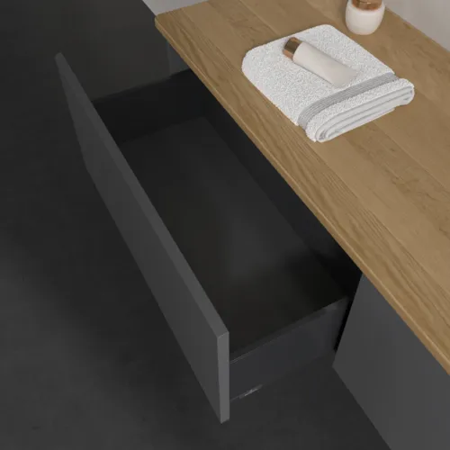 Bild von VILLEROY BOCH Antao Waschbeckenunterschrank, mit Beleuchtung, 2 Auszüge, 1600 x 360 x 500 mm, Front ohne Struktur, Anthracite Matt Lacquer / Honey Oak #L38051GK