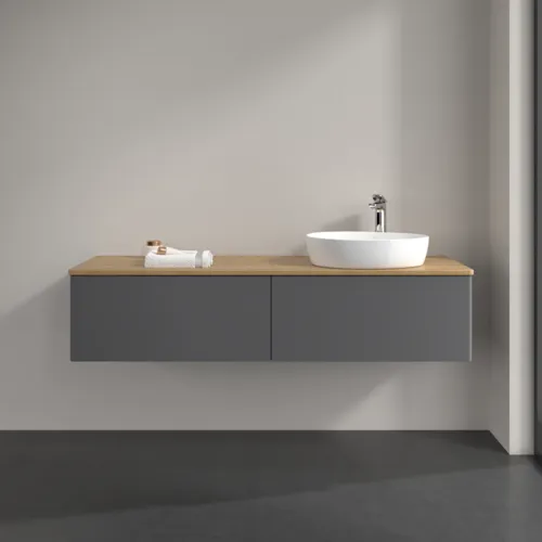 Bild von VILLEROY BOCH Antao Waschbeckenunterschrank, mit Beleuchtung, 2 Auszüge, 1600 x 360 x 500 mm, Front ohne Struktur, Anthracite Matt Lacquer / Honey Oak #L38051GK