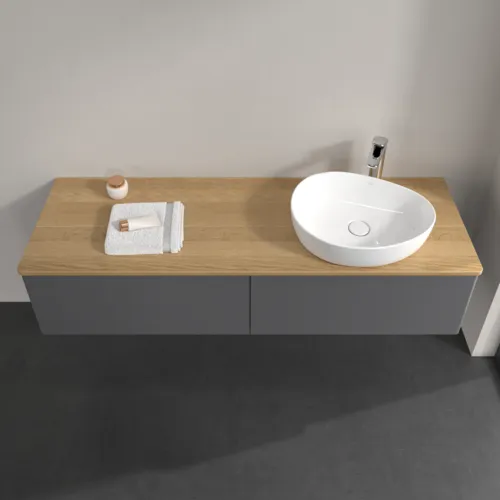 Bild von VILLEROY BOCH Antao Waschbeckenunterschrank, mit Beleuchtung, 2 Auszüge, 1600 x 360 x 500 mm, Front ohne Struktur, Anthracite Matt Lacquer / Honey Oak #L38051GK