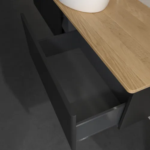 Bild von VILLEROY BOCH Antao Waschbeckenunterschrank, mit Beleuchtung, 2 Auszüge, 1600 x 360 x 500 mm, Front mit Struktur, Black Matt Lacquer / Honey Oak #L36151PD