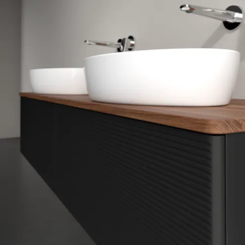 Bild von VILLEROY BOCH Antao Waschbeckenunterschrank, mit Beleuchtung, 2 Auszüge, 1600 x 360 x 500 mm, Front mit Struktur, Black Matt Lacquer / Warm Walnut #L39112PD