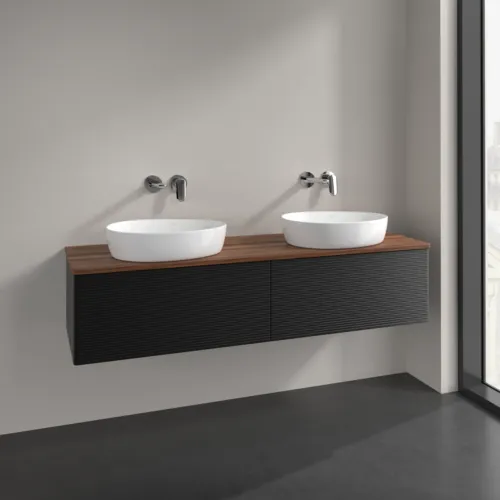 Bild von VILLEROY BOCH Antao Waschbeckenunterschrank, mit Beleuchtung, 2 Auszüge, 1600 x 360 x 500 mm, Front mit Struktur, Black Matt Lacquer / Warm Walnut #L39112PD