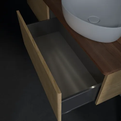 Picture of VILLEROY BOCH Antao Vanity unit, with lighting, 2 pull-out compartments, 1600 x 360 x 500 mm, Front with grain texture, Honey Oak / Warm Walnut #L38152HN