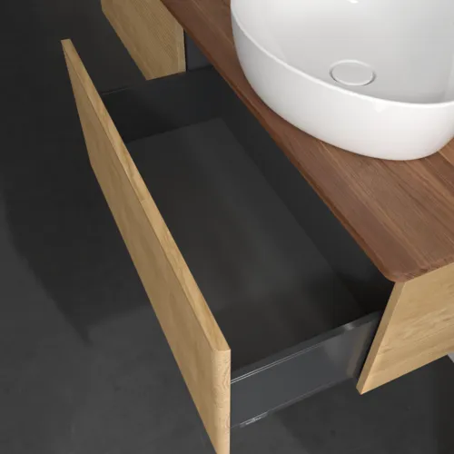 Picture of VILLEROY BOCH Antao Vanity unit, with lighting, 2 pull-out compartments, 1600 x 360 x 500 mm, Front with grain texture, Honey Oak / Warm Walnut #L38152HN