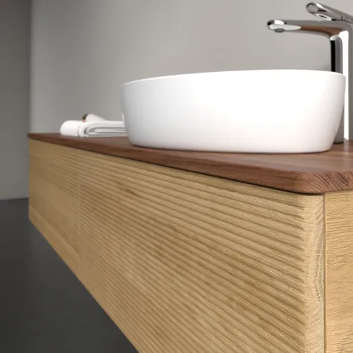 Picture of VILLEROY BOCH Antao Vanity unit, with lighting, 2 pull-out compartments, 1600 x 360 x 500 mm, Front with grain texture, Honey Oak / Warm Walnut #L38152HN