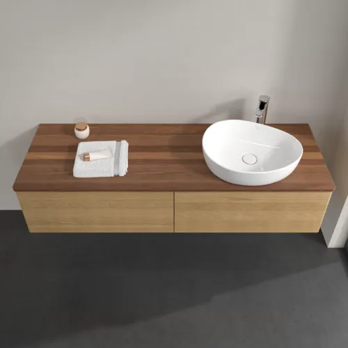 Picture of VILLEROY BOCH Antao Vanity unit, with lighting, 2 pull-out compartments, 1600 x 360 x 500 mm, Front with grain texture, Honey Oak / Warm Walnut #L38152HN