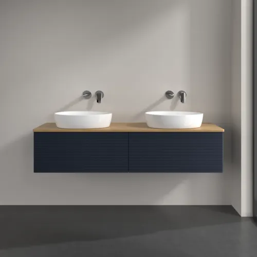 Bild von VILLEROY BOCH Antao Waschbeckenunterschrank, mit Beleuchtung, 2 Auszüge, 1600 x 360 x 500 mm, Front mit Struktur, Midnight Blue Matt Lacquer / Honey Oak #L39111HG