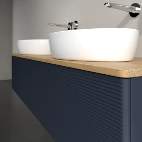 Bild von VILLEROY BOCH Antao Waschbeckenunterschrank, mit Beleuchtung, 2 Auszüge, 1600 x 360 x 500 mm, Front mit Struktur, Midnight Blue Matt Lacquer / Honey Oak #L39111HG