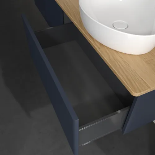 Bild von VILLEROY BOCH Antao Waschbeckenunterschrank, mit Beleuchtung, 2 Auszüge, 1600 x 360 x 500 mm, Front mit Struktur, Midnight Blue Matt Lacquer / Honey Oak #L39111HG