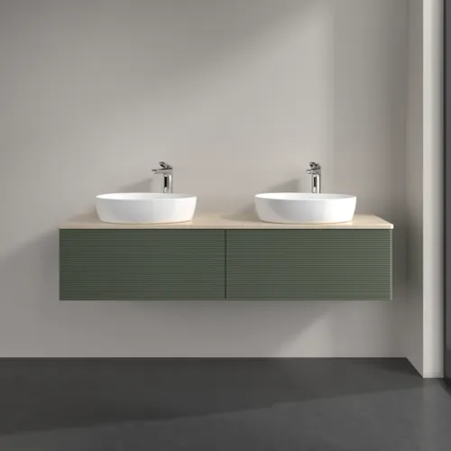 Bild von VILLEROY BOCH Antao Waschbeckenunterschrank, mit Beleuchtung, 2 Auszüge, 1600 x 360 x 500 mm, Front mit Struktur, Leaf Green Matt Lacquer / Botticino #L39153HL