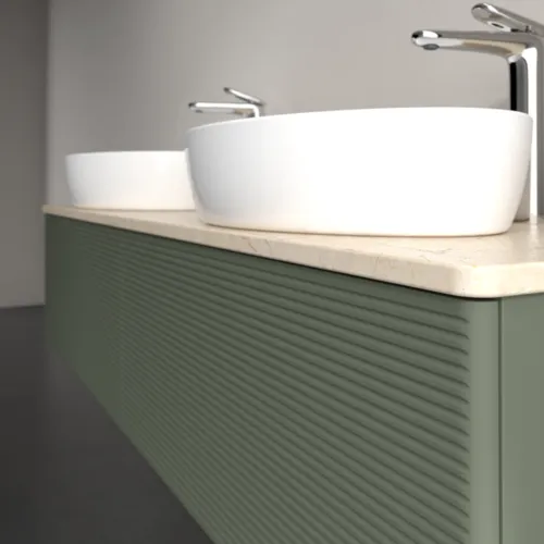 Bild von VILLEROY BOCH Antao Waschbeckenunterschrank, mit Beleuchtung, 2 Auszüge, 1600 x 360 x 500 mm, Front mit Struktur, Leaf Green Matt Lacquer / Botticino #L39153HL