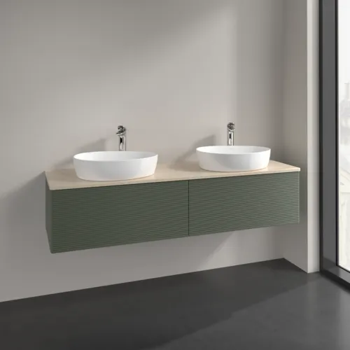 Bild von VILLEROY BOCH Antao Waschbeckenunterschrank, mit Beleuchtung, 2 Auszüge, 1600 x 360 x 500 mm, Front mit Struktur, Leaf Green Matt Lacquer / Botticino #L39153HL