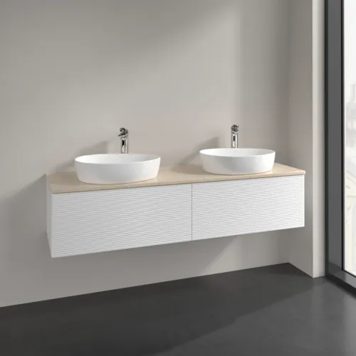 Bild von VILLEROY BOCH Antao Waschbeckenunterschrank, mit Beleuchtung, 2 Auszüge, 1600 x 360 x 500 mm, Front mit Struktur, White Matt Lacquer / Botticino #L39153MT