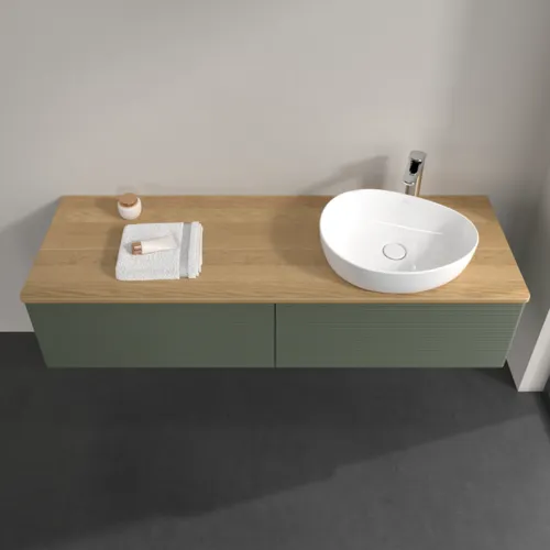 Bild von VILLEROY BOCH Antao Waschbeckenunterschrank, mit Beleuchtung, 2 Auszüge, 1600 x 360 x 500 mm, Front mit Struktur, Leaf Green Matt Lacquer / Honey Oak #L38151HL
